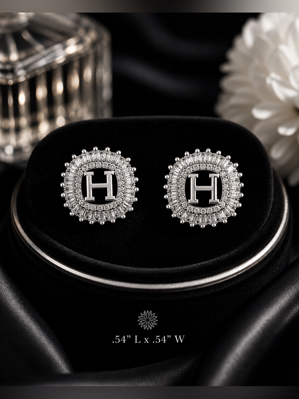Luxury Silver 'H' Logo Crystal Halo Stud Earrings